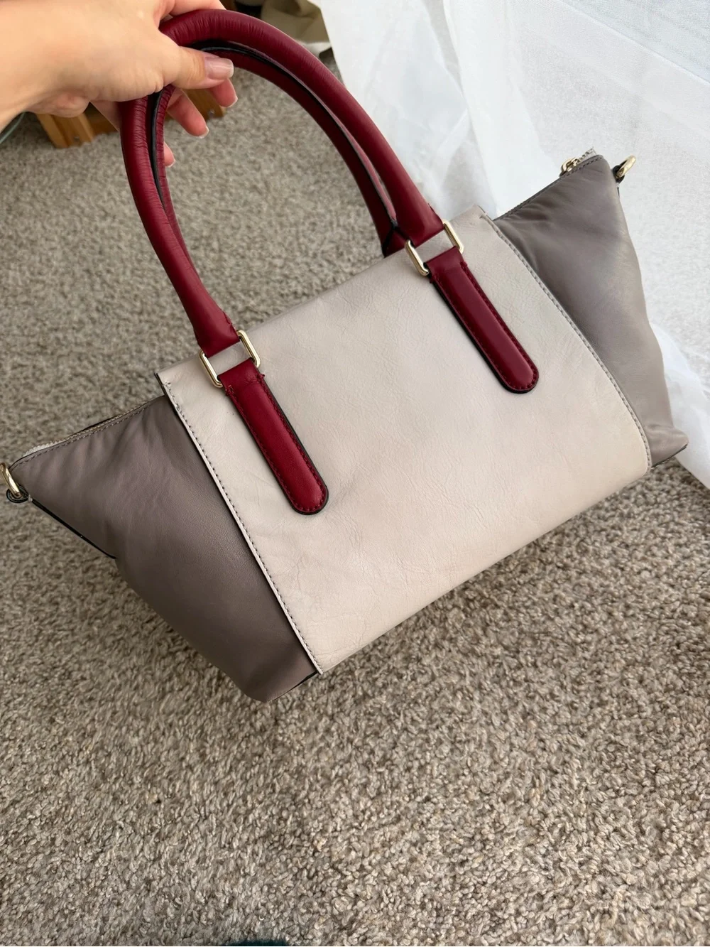 Marc by Marc Jacobs Colorblock Satchel Top Handle Bag Gray Beige Burgundy Zip